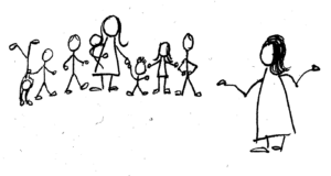 Stick figure family and questioning friend