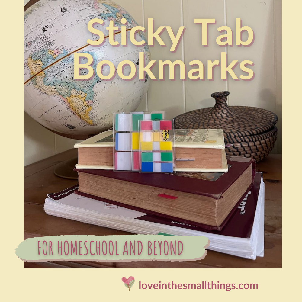 sticky tab bookmarks in a stack of homeschool books